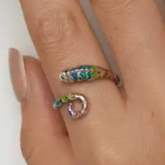 925 Sterling Silver Chameleon Lizard Cuff Ring Metallic Enamel Adjustable NWT - Picture 5 of 5